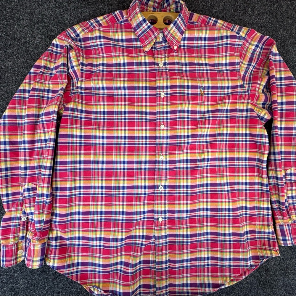 Vintage Ralph Lauren Mens Deep Pink & Plaid Button-Down Shirt-Casual Long Sleeve